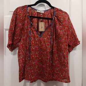 Natural Life Floral Red and Blue Blouse M